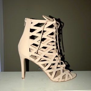 caged tan lace up heels